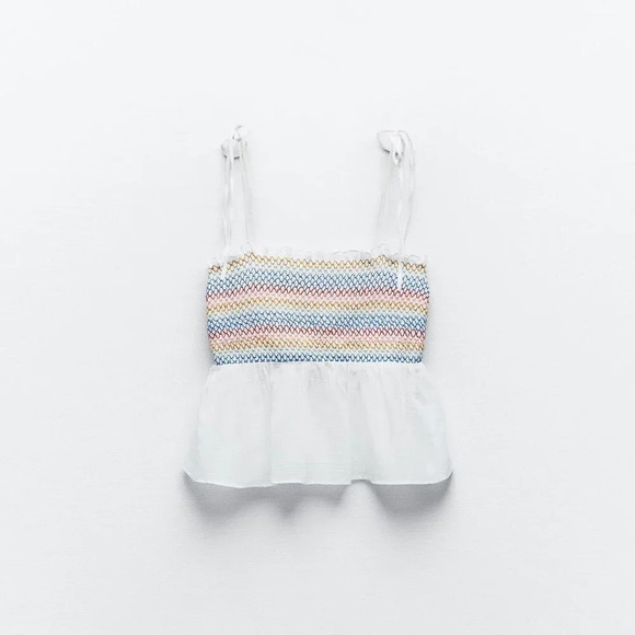 Zara Strappy Elasticized Smocked Top Rainbow Ecru NWT Size XS - Picture 3 of 10